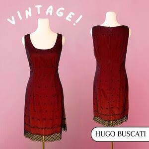 Vintage 90s Hugo Buscati Dress Size 10 Red Black Lace Overlay